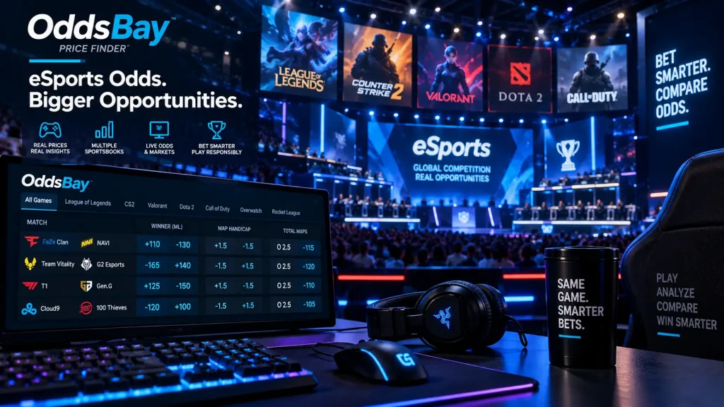 Esports betting odds comparison showing match winner, map handicap and total maps markets