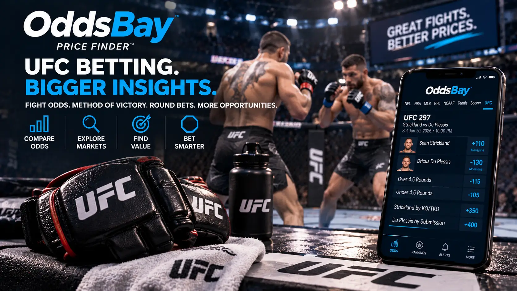 Cuotas de UFC con moneyline, método de victoria y mercados de rounds en OddsBay