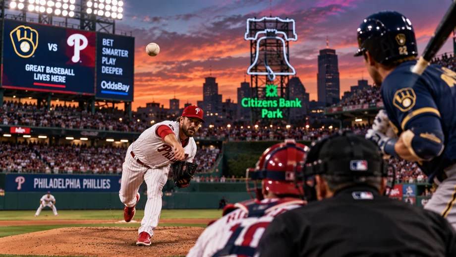 Philadelphia pitcher delivers toward a Milwaukee batter at Citizens Bank Park beneath a vivid sunset.