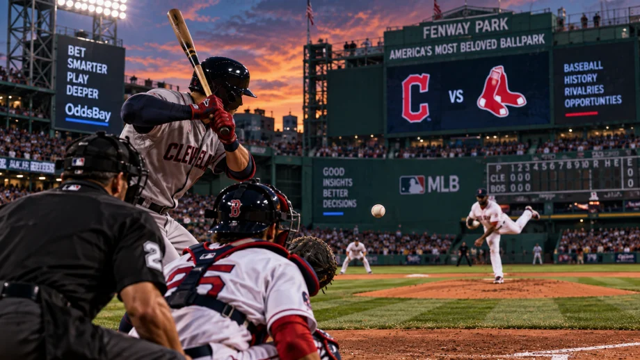 Cleveland batter faces Boston pitching at Fenway Park during a dramatic evening MLB matchup.