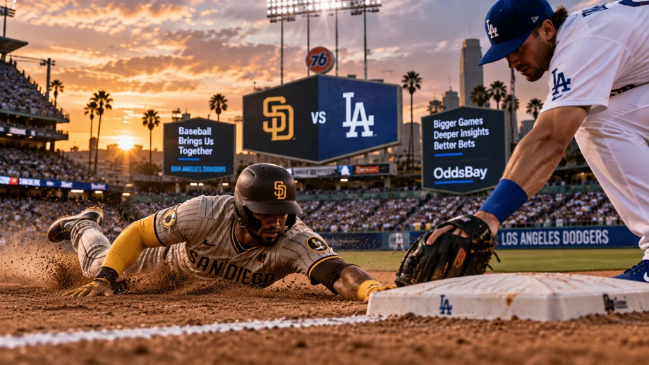 San Diego runner dives into a base as a Los Angeles defender applies a tag during a golden-hour rivalry game.