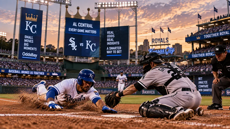 Kansas City runner dives toward home plate as a Chicago White Sox catcher reaches for the tag at Kauffman Stadium.